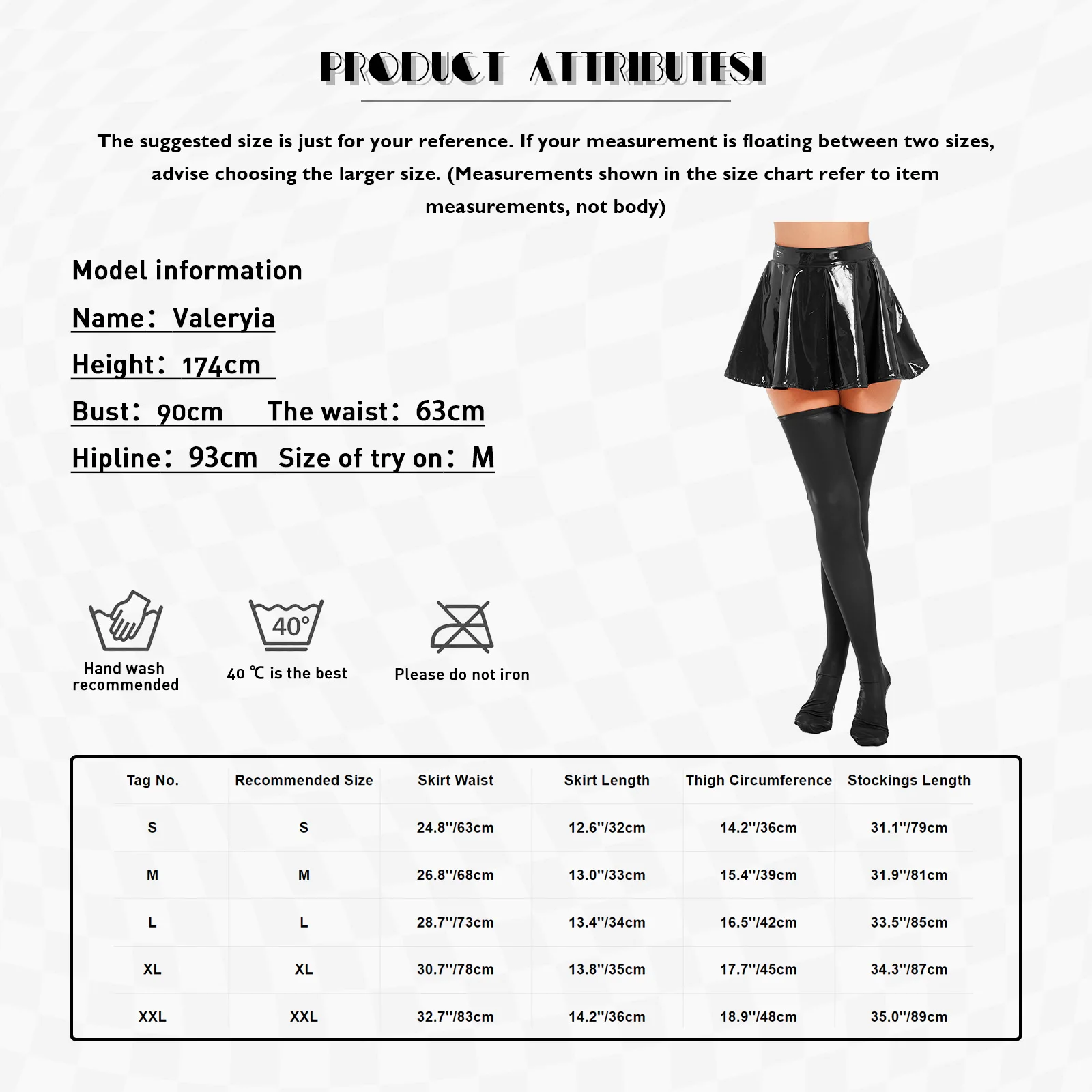 Womens Glossy Patent Leather Flared Skirt Set Sexy Zipper A-Line Mini Skirts and Thigh High Stockings for Club Dance Performance