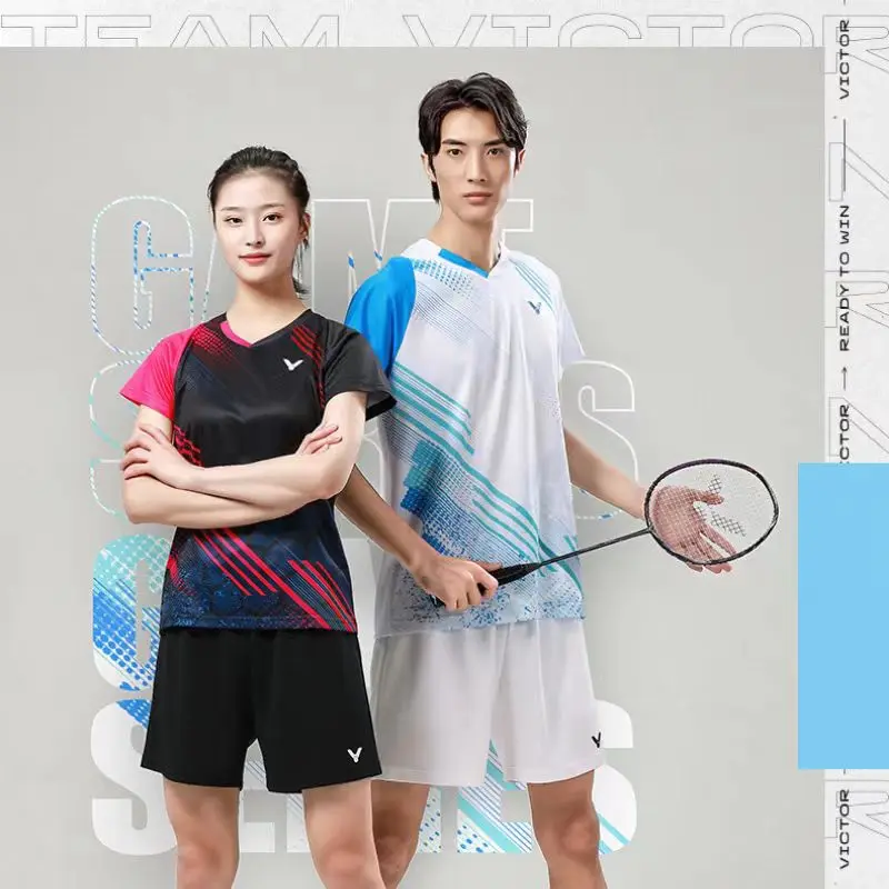 

Customized a set of men's and women's badminton T-shirt shorts quick drying breathable light V-neck tennis training T-shirt