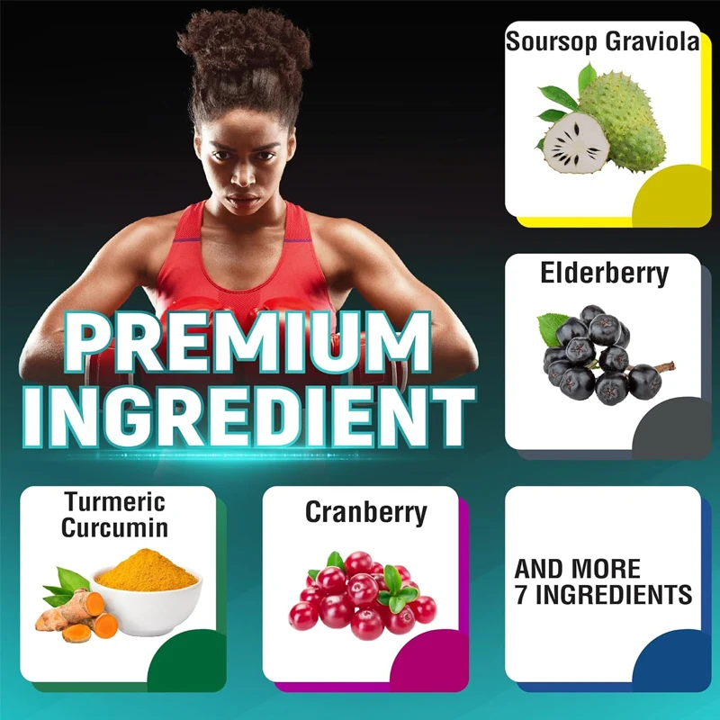 Sourhop Graviola capsules contain elderberry, turmeric, ginger, milk thistle, sour cherry, etc