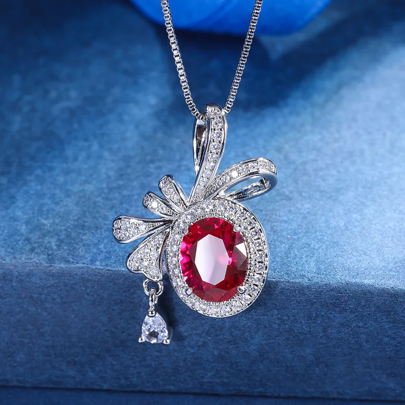 Jewelry Gold-Plated Colored Gems Bow Creative Pendant Necklace Diamond-Embedded Main Stone 8 *