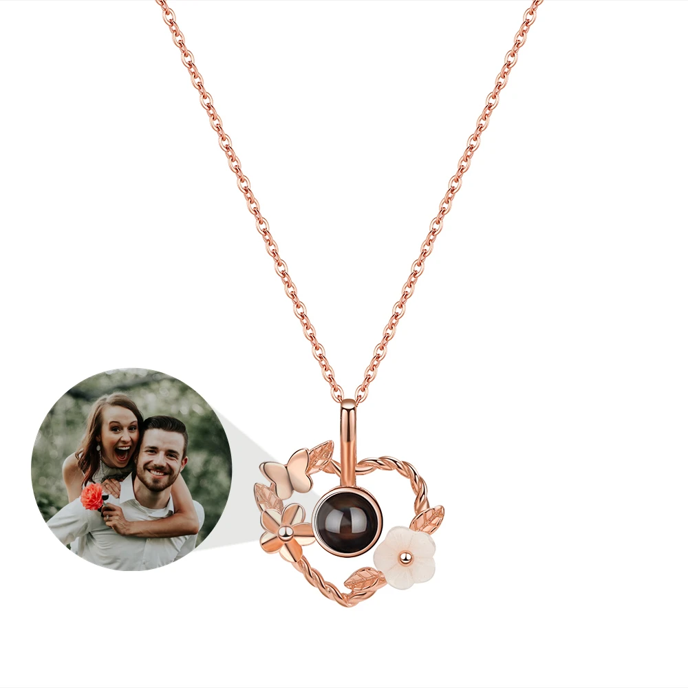 

Flower Heart Pendant Necklace for Women Custom Photo Projection Photo Necklace Personalized Birthday Gift Girl Jewelry Copper
