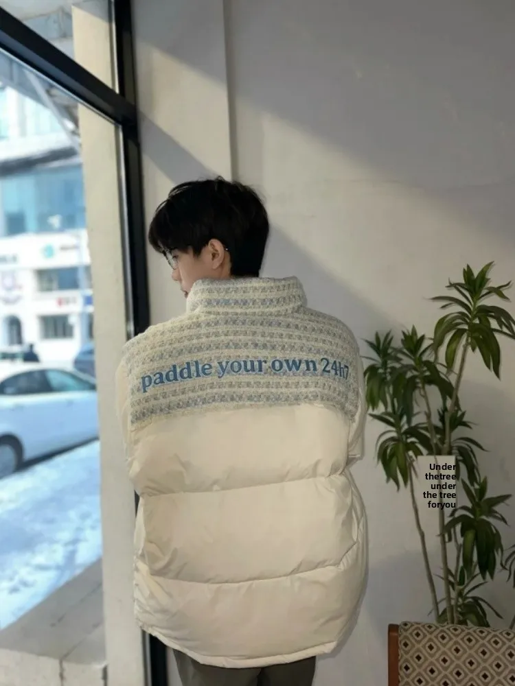 

White Patchwork Thiened Stand Collar down Cotton Jaet Men's Winter American Trendy High-End Cleanfit Couple Cotton Coat