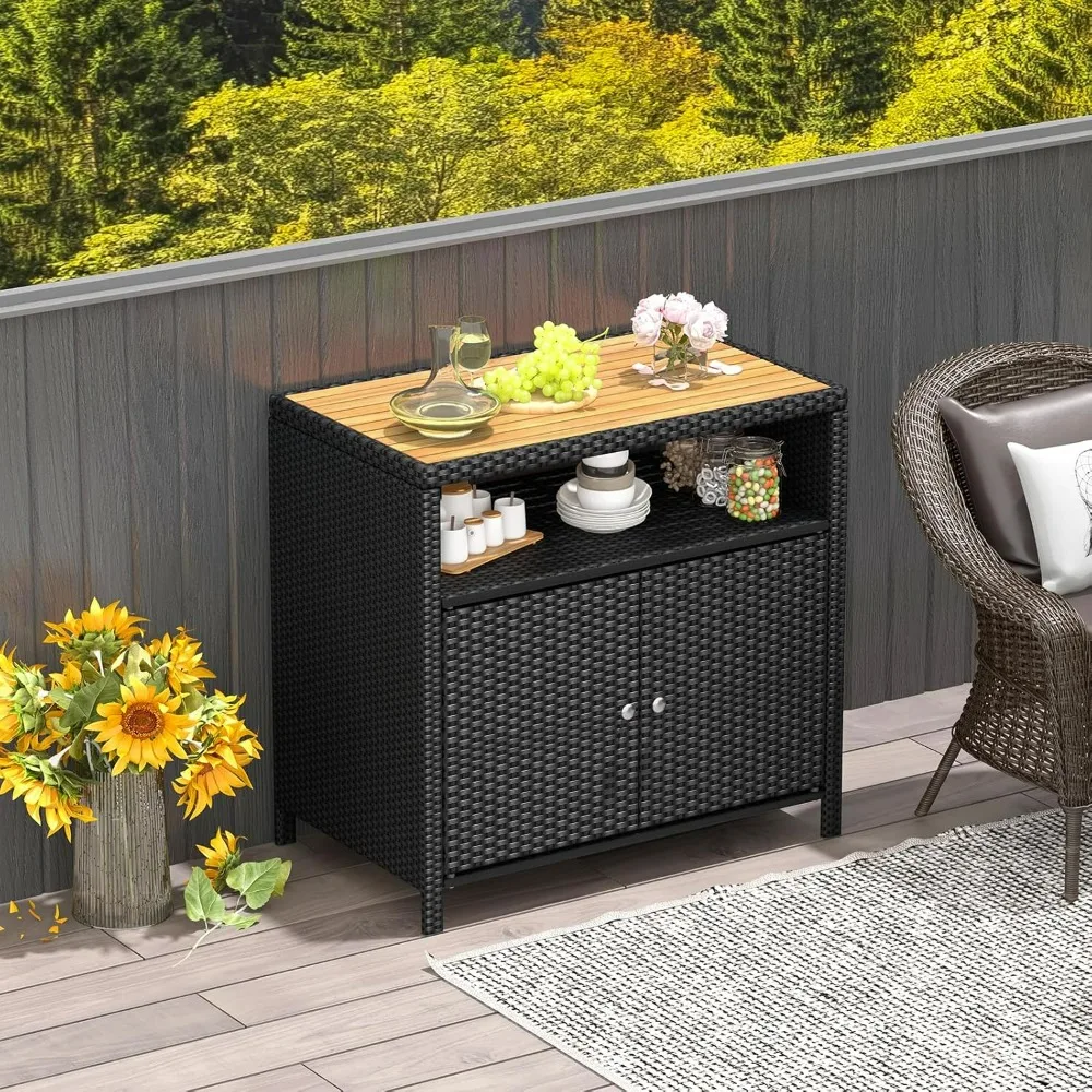 Tangkula Rattan Outdoor Storage Cabinet, Patiojoy Outdoor Cabinet with Acacia Wood Countertop, Open Compartment, 2-Door Wicker