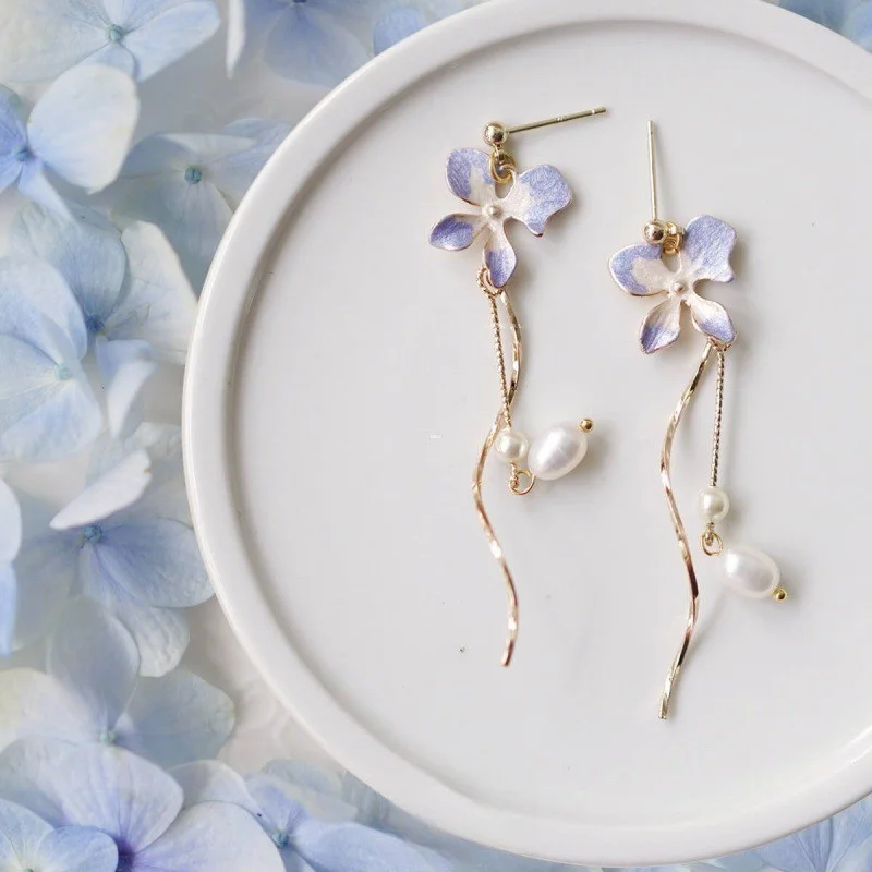 

New French Purple Flower Pearl Tassel Dangle Earrings for Women Crystal Zircon Long Drop Earring Girls Party Temperament Jewelry