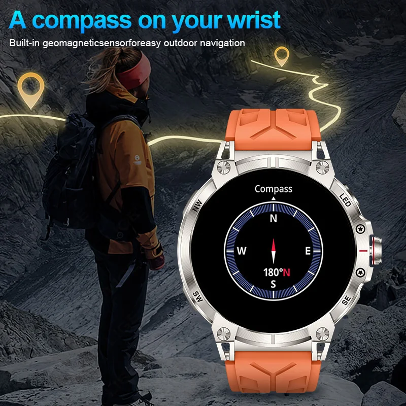 2025 New Compass Smart Watch Men Outdoor Flashlight 760mAh Large Battery Waterproof Watch Sport Bluetooth Call Smartwatch Men