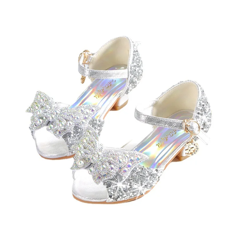 Chaussures de danse à talons hauts pour enfants, sandales d'été pour filles, robe à nœud papillon en diamant brillant argenté, semelle souple pour enfants, bouche de poisson, fête