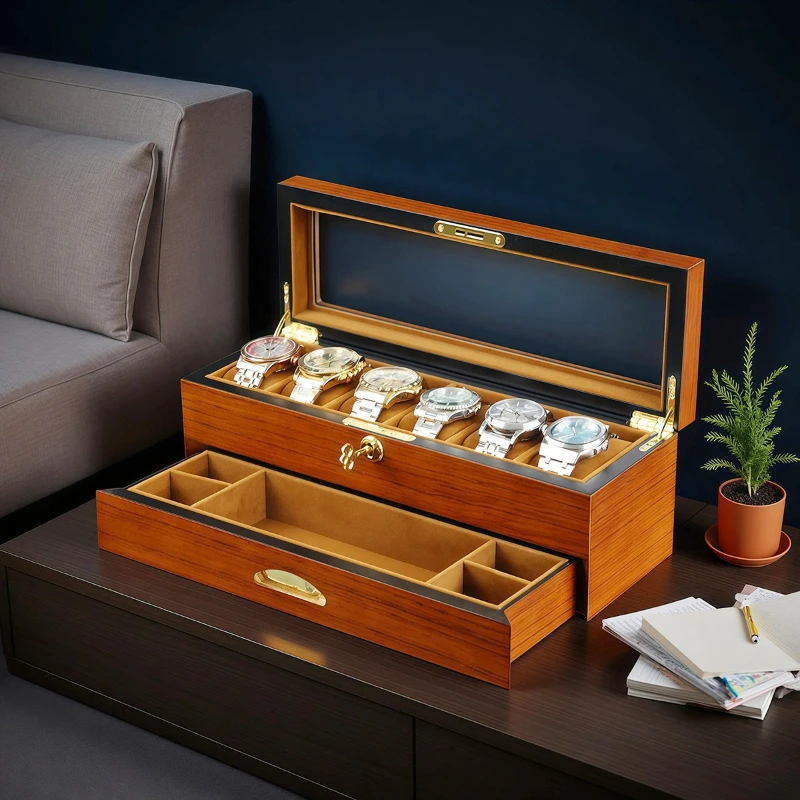 6 Slots Watch Boxes Double-layer Storage Watch Boxes Organizer Drawer Jewelry Box Wooden Display Wrist Watches Case Accessories