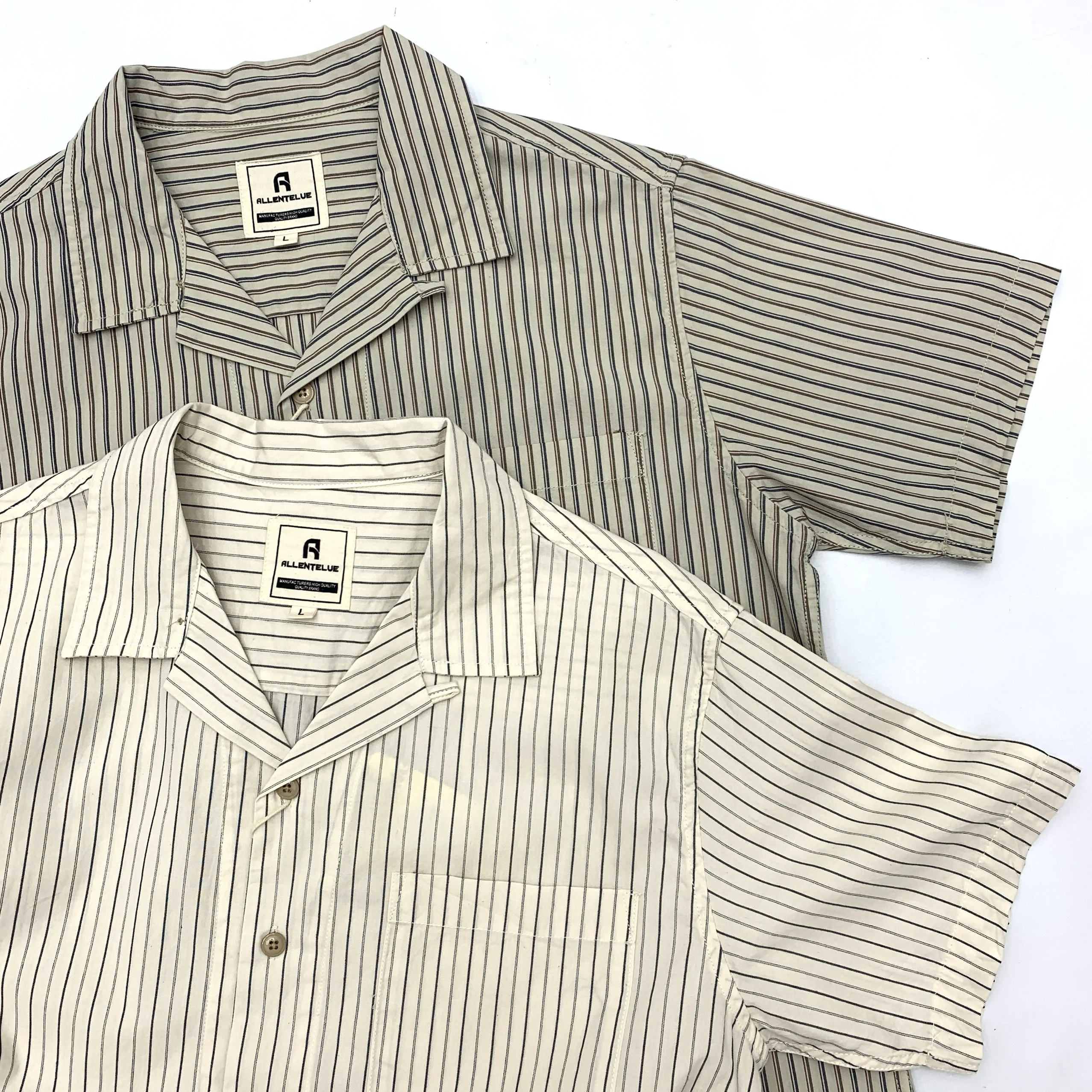 100% Cotton Woven Vertical Striped Short-Sleeve Shirt - Japanese Vintage Summer Camp Collar Loose Fit Unisex Top