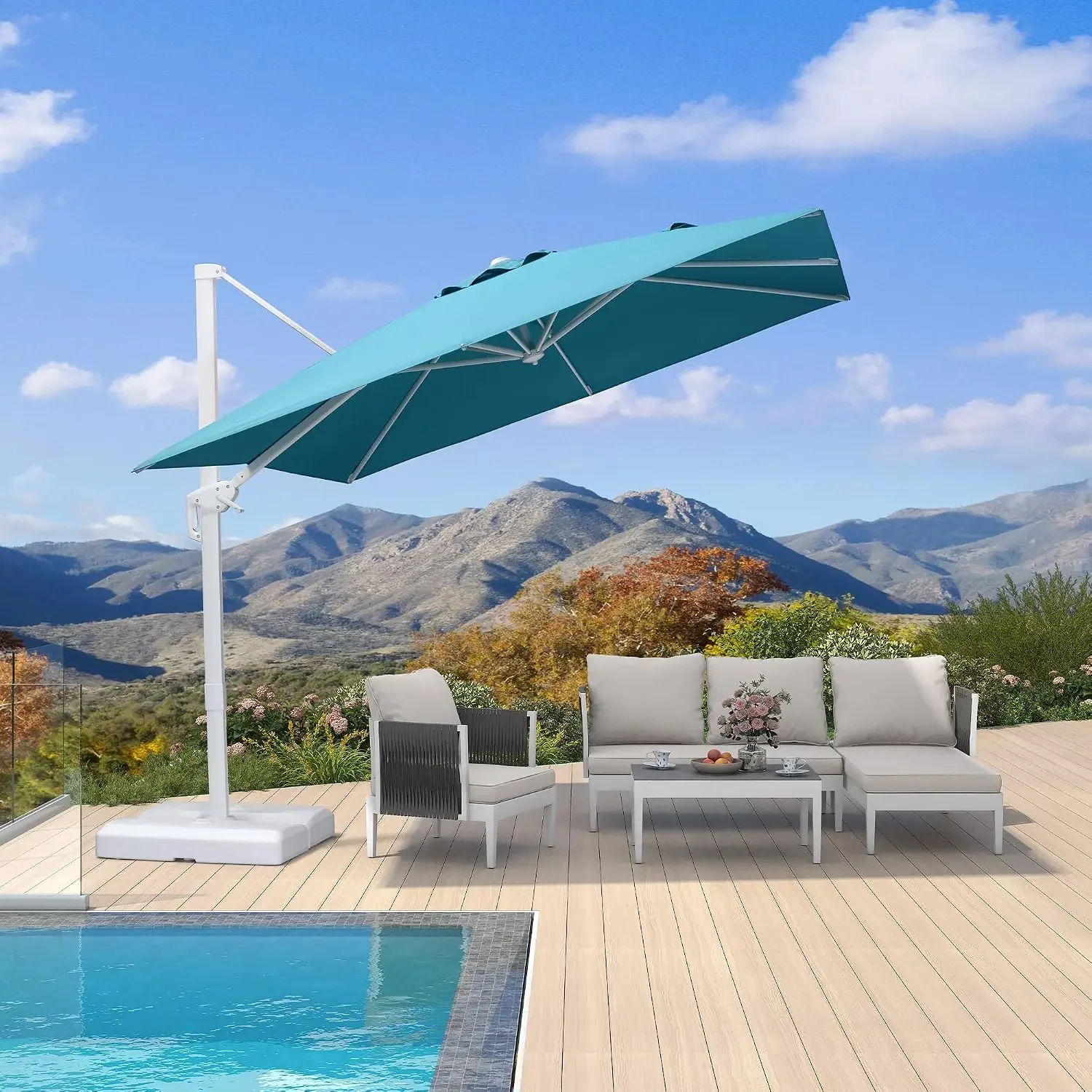 Patio Cantilever Umbrella 9' X 9' Aluminum Frame, Turquoise | Base needed for stability, Clear step-by-step manual, Responsive 2