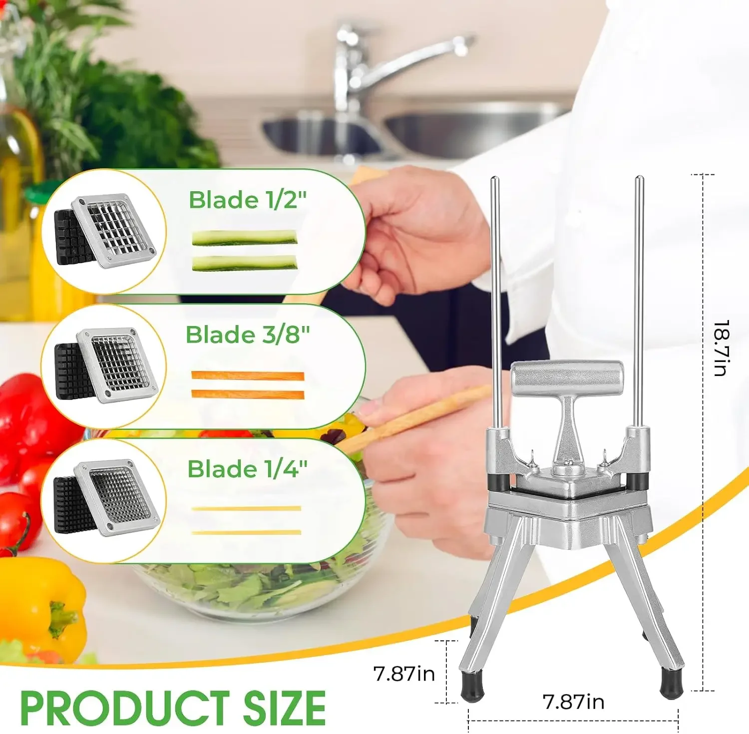 Vegetable Chopper & French Fry Cutter Stainless Steel - Includes 3 Blade Sizes (1/2