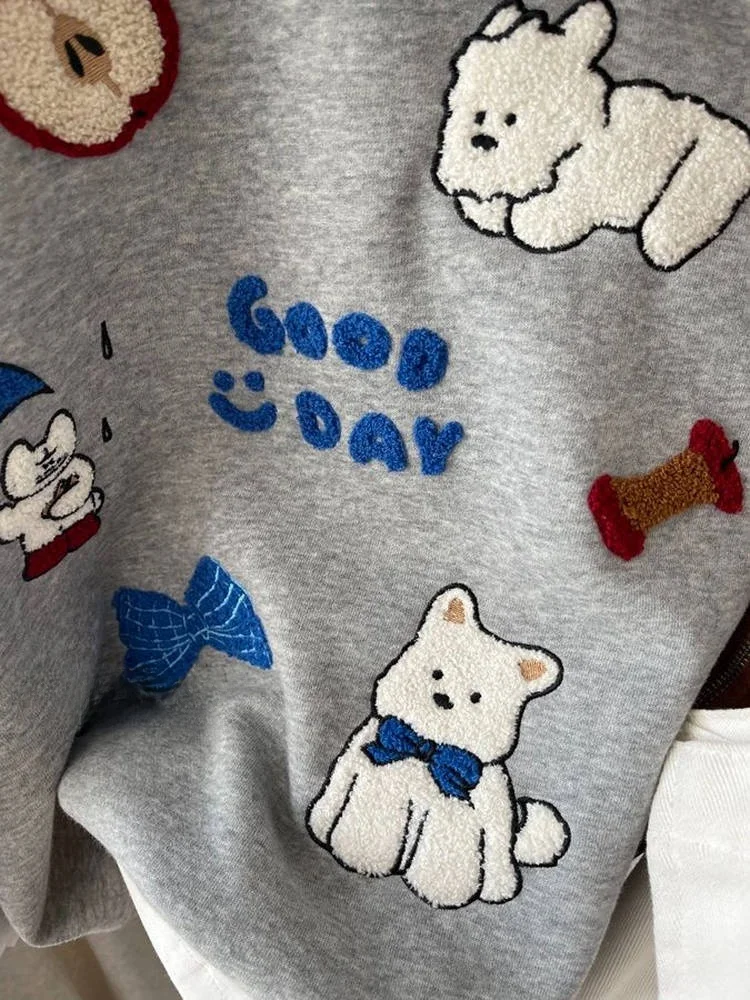 Korean Style Short Sweatshirt Jacket Women Early Autumn Cartoon Embroidery Loose Fit Top Breathable Polyester Cotton Blend