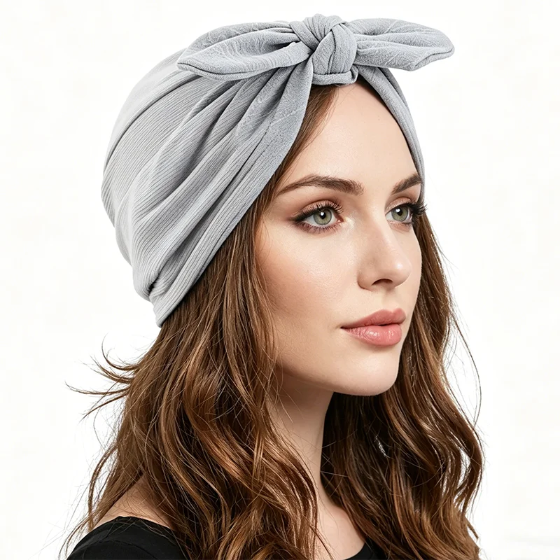 New Women African Big Bow Turban Hat Solid Color Islamic Inner Hijab Cap Twisted Headwrap Headscarves India Hat Bonnet Beanies - view 3