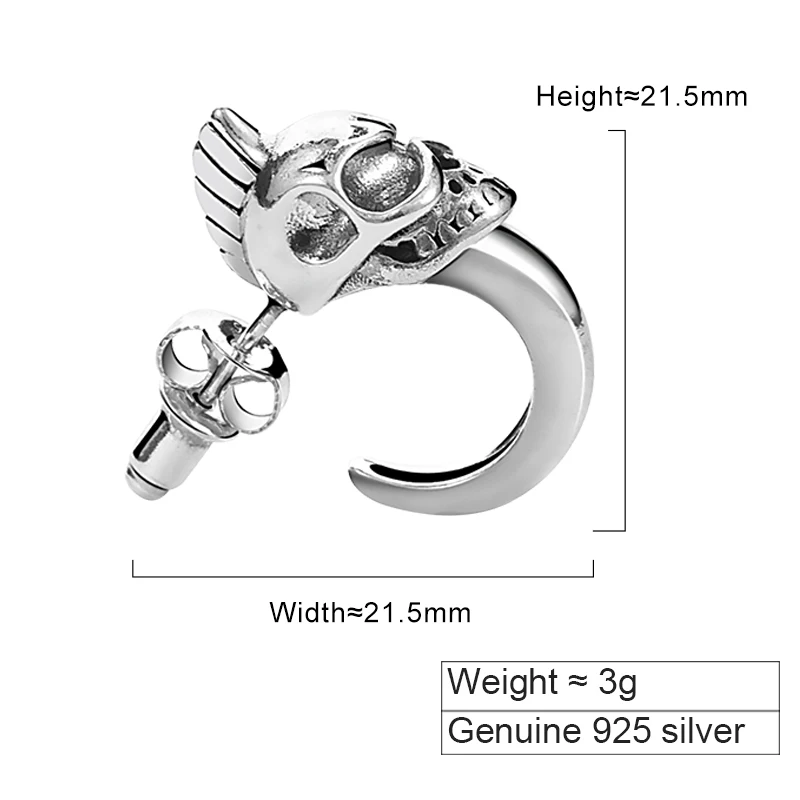 ZABRA 925 Silver Skull Earrings for Men's Retro Trendy European and American Personality Pippy and Handsome Men's Ear Jewelry