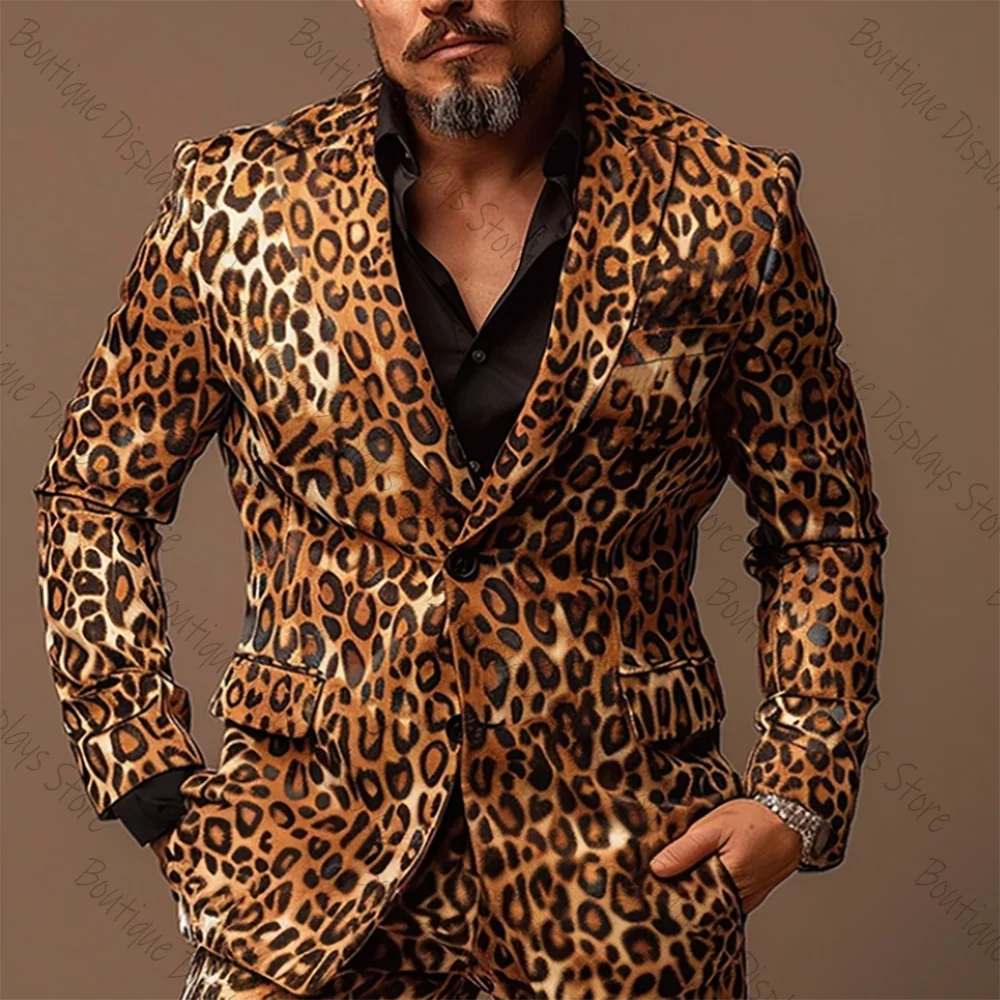 

Fashionable Leopard Print Single Breasted Men Suit Peaked Lapel Business Casual Formal Costume Homme 2 Pcs Set Jacket Pants
