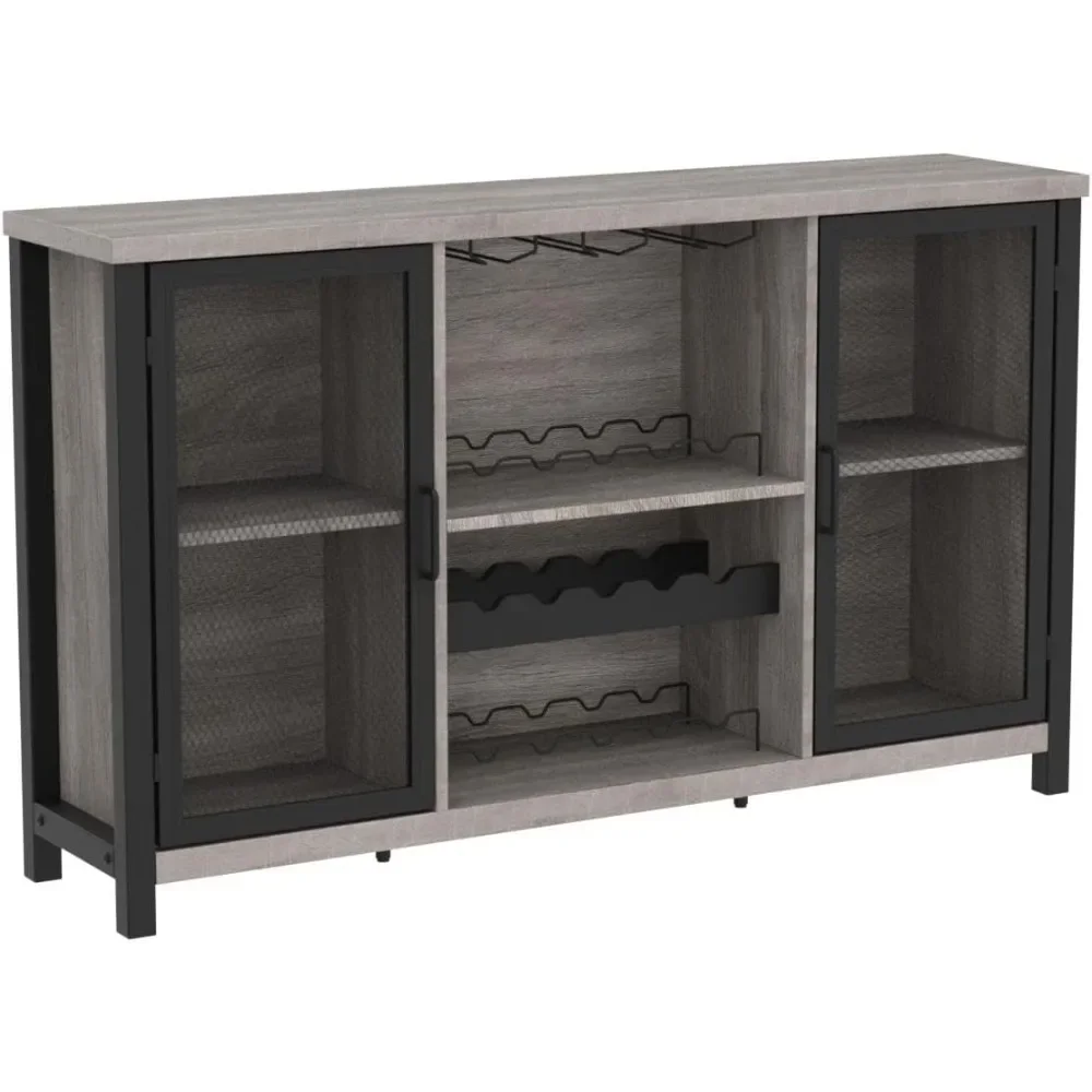 Mueble de bar de roble gris claro de 55 pulgadas para guardar bebidas y vasos, mueble de buffet con panel lateral para sala de estar con estante de bar de almacenamiento