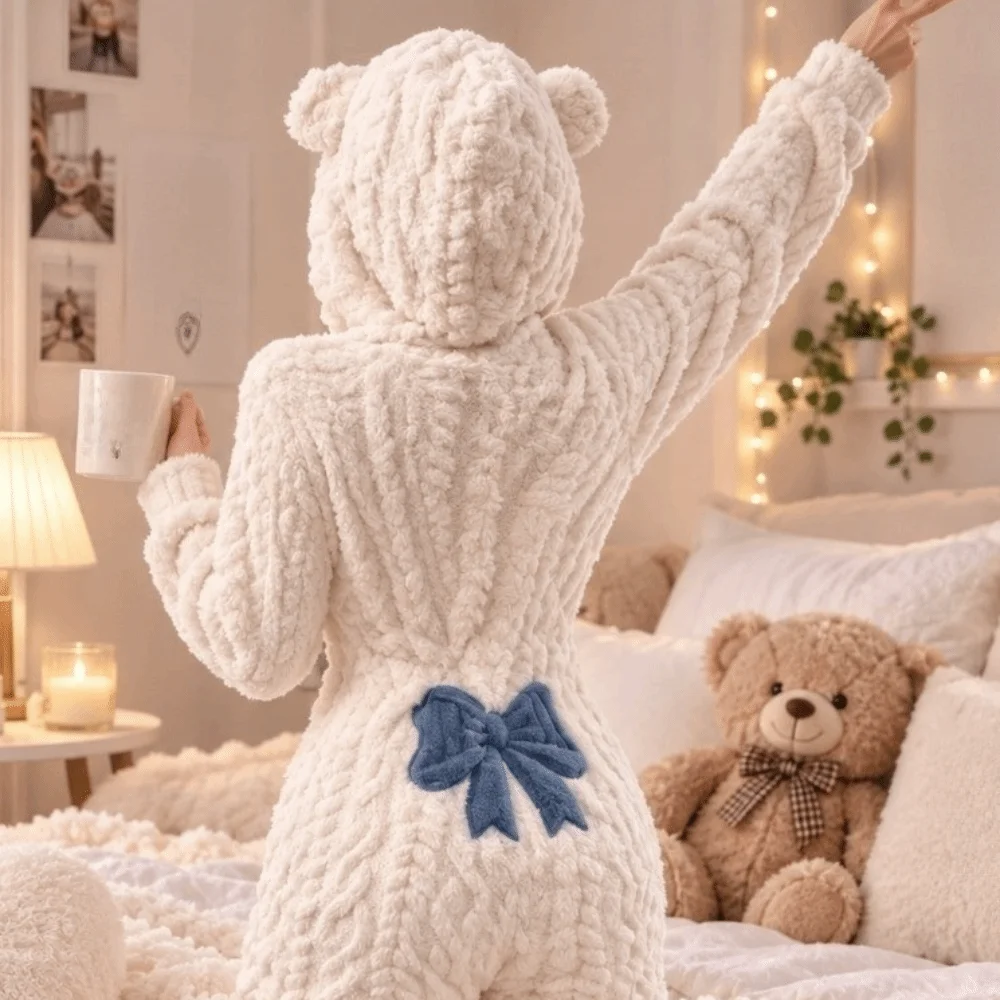Gemütlicher Kapuzen-Overall, Schlafanzug, langärmelig, mit Schleife, Plüsch-Overall, Pyjama, Bärenohren, warmer, einteiliger Pyjama, Nachtwäsche – Detail 12