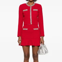 2025 spring and summer new women's roundNeck rhine-diamond decoration red knit cardigan y2k highQuality fashionRuffled skirt set