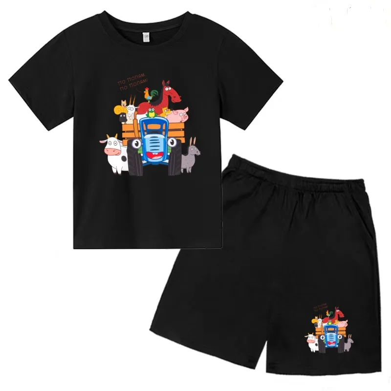 

Kids Anime Summer Clothes Blue Tractor T-shirt Boy Girl 3-12Years Top+Shorts 2P Charming Short-Sleeved Casual Fashion Sports Set