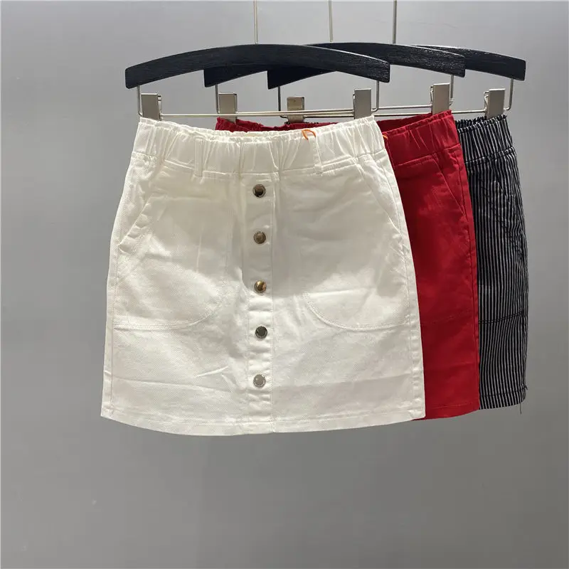 Single-Breasted Apricot Denim Skirt Women's Summer Clothes 2023 New Casual Fake Two Pieces A- Line Short Skirts Red White Black