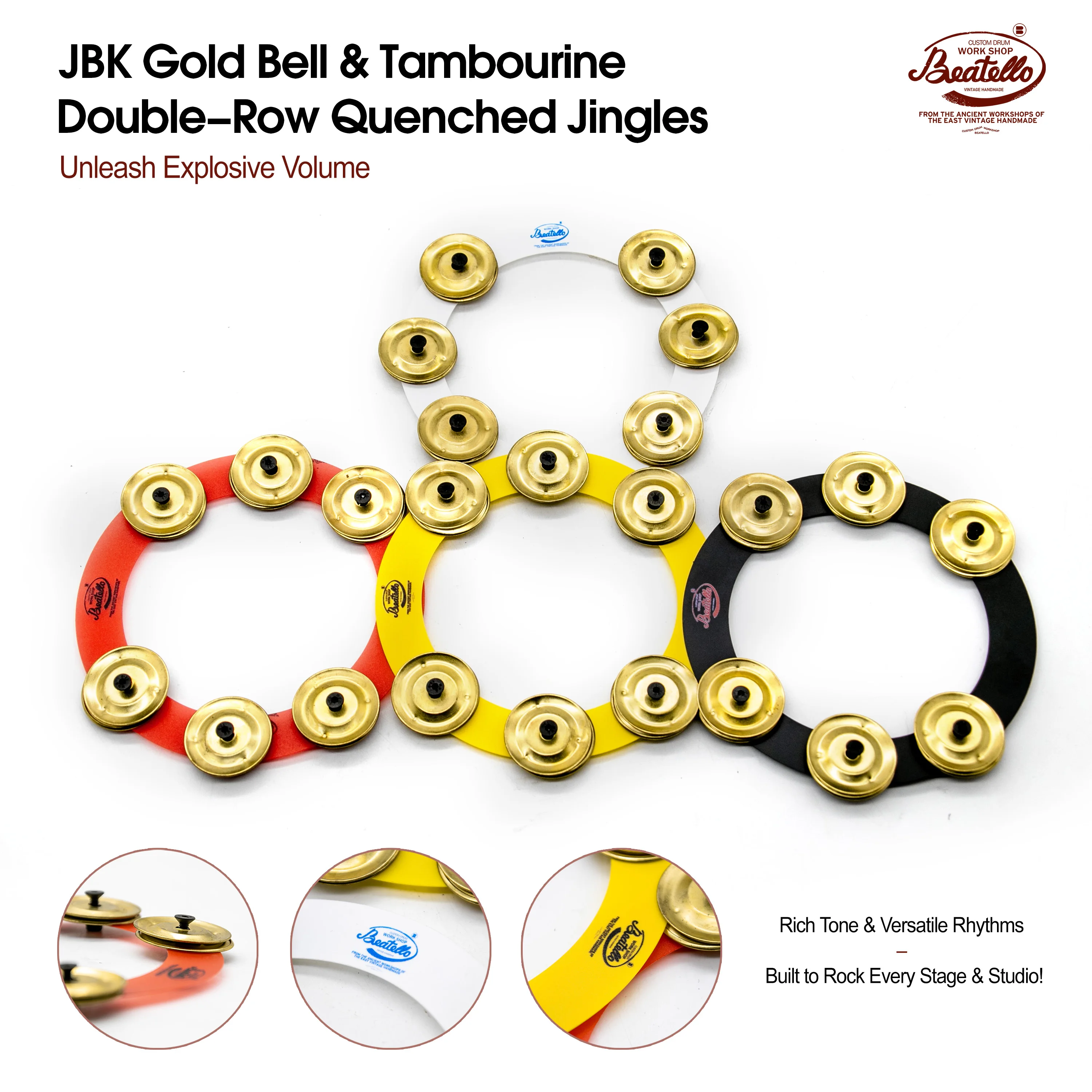 

Beatello Gold Steel Cowbell Tambourine | Double-Row Loud Jingles Pro Bell Tone | Essential For Latin/Funk/Rock Drum Accessories