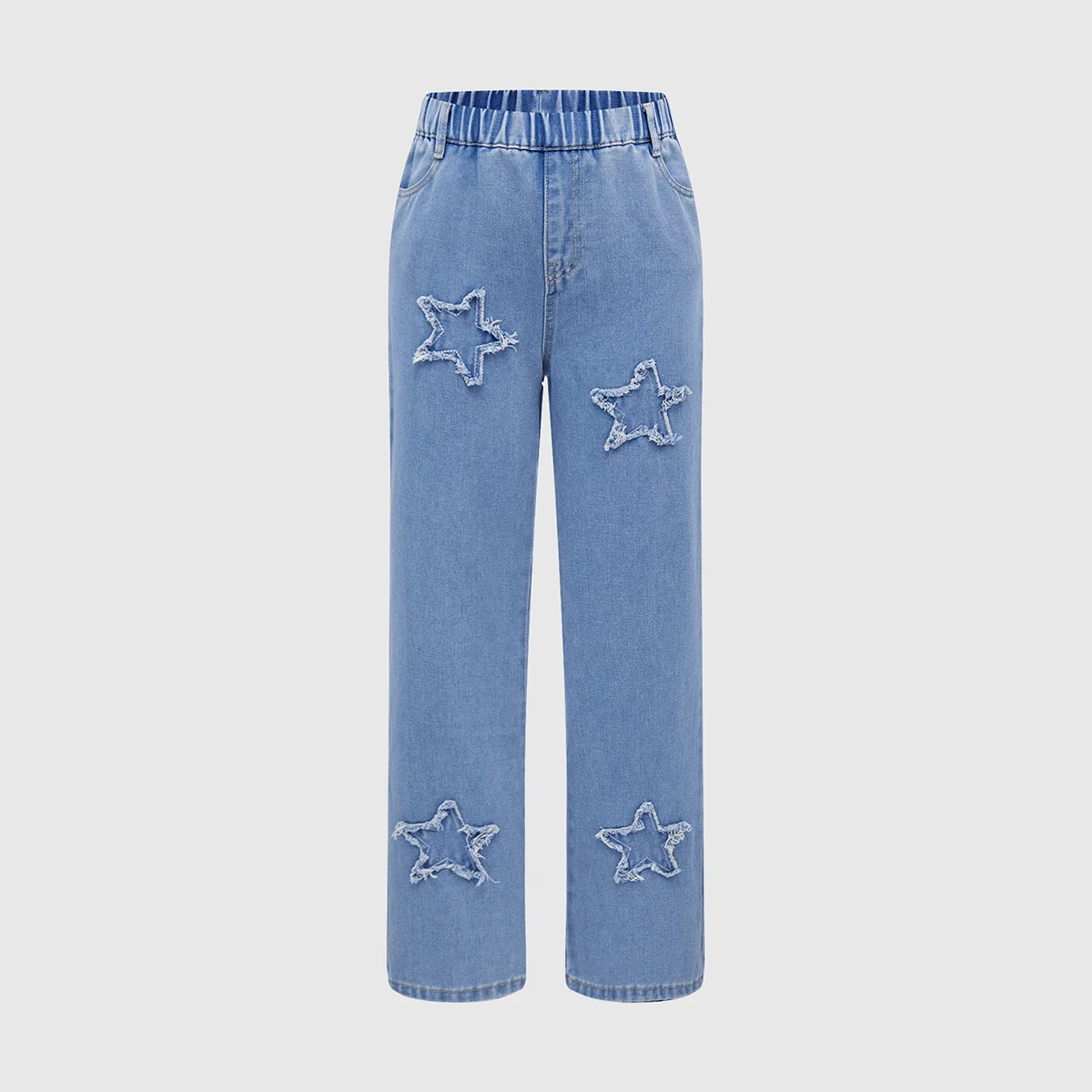 

Teenage Girls Blue Washed Star Patch Wide Leg Straight Casual Jeans Loose Long Length Children's Adolescent Clothing