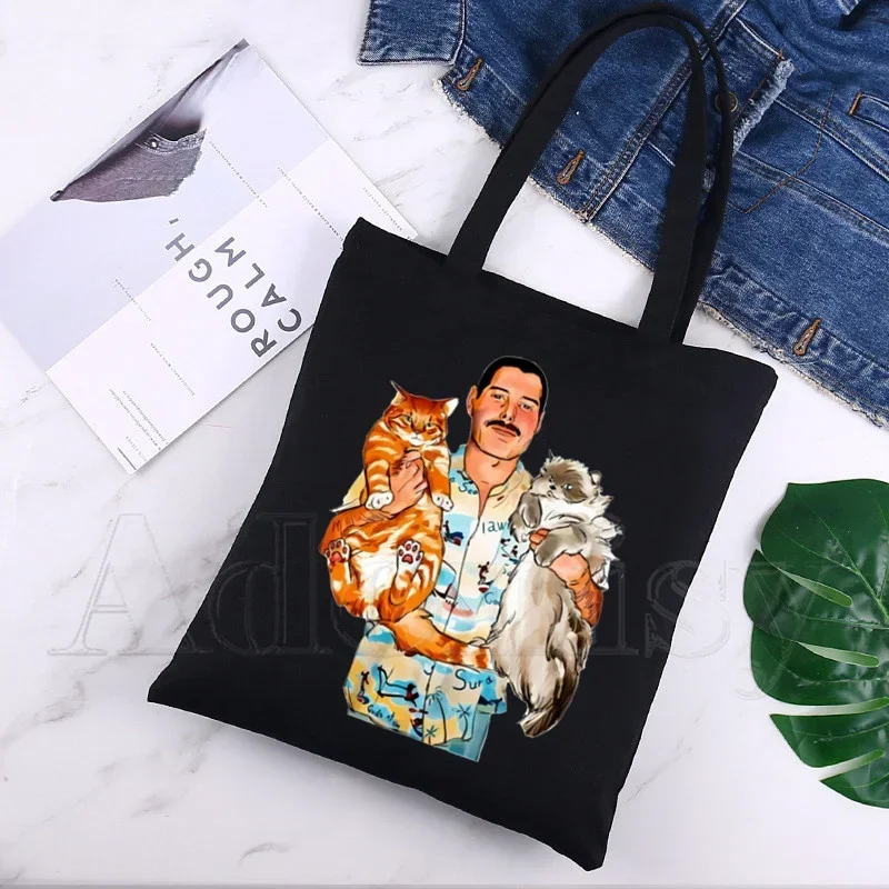 Queen Freddie Mercury Shopping Bag Print Original Design White Unisex Fashion Travel Canvas Bags Black