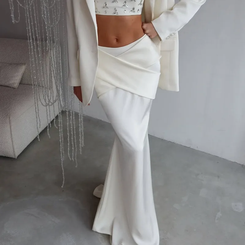 Luxury Women's White Mermaid Maxi Skirt Elegant High Waist Wrap Front Ruched Bodycon Floor Length Skirt for Evening Party Prom