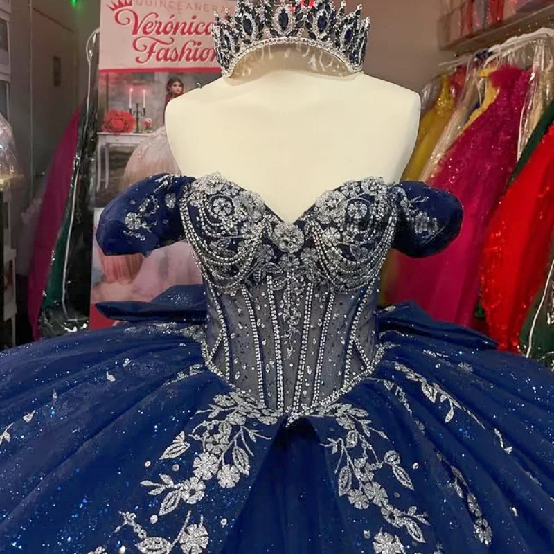 

Customized Shiny dark blue Quinceanera Dresses Off the Shoulder sequin applique flower Lace Long tail Bow Vestido 15 Quinceanera
