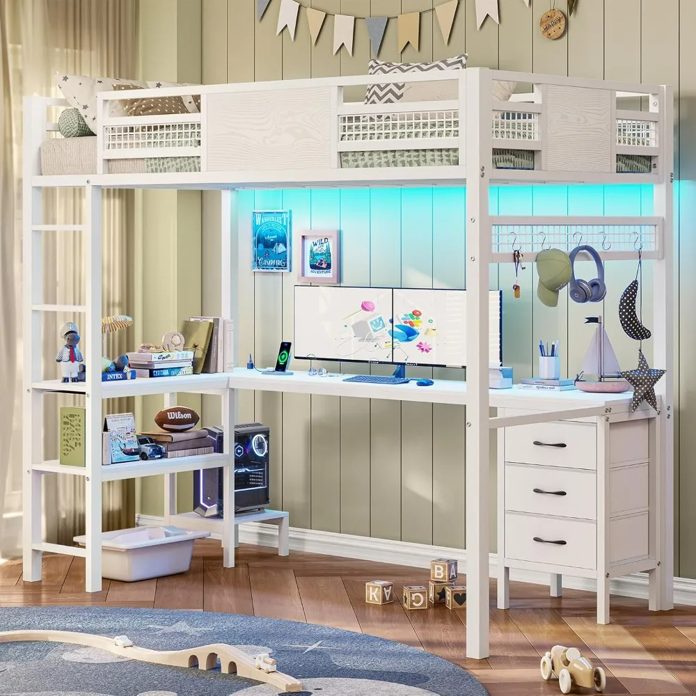 Loft Bed Twin Size with L-Shaped Desk, LED Lights,Charging Station, Twin Metal Loft Bed Frame with Fabric Drawers & Shelve