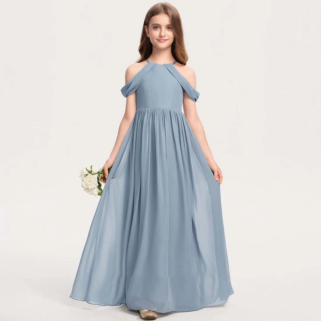 YZYmanualroom Junior Bridesmaid Dress Flower Girl Dress A-line Halter Floor-Length Chiffon 2-15T