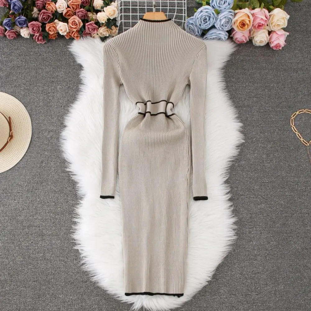 

Модное вязаное длинное платье с полуворотником и длинным рукавом, зима-осень, тонкие элегантные платья, корейское трикотажное платье для пикантных девушек, вечерние платья