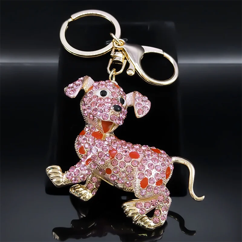 Colorful Crystal Pink Dog Keychain for Women Rhinestone Gold Color Fashion Animal Y2k Girl Bag Accessories Keyring Jewelry