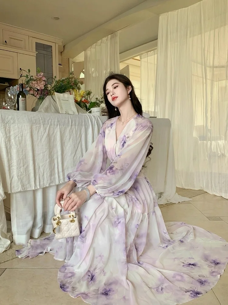 

Elegant and Chic Women Floral Midi Dress Long Sleeve Vintage Party Birthday Vestidos Female A-Line Mujers Fall Clothes