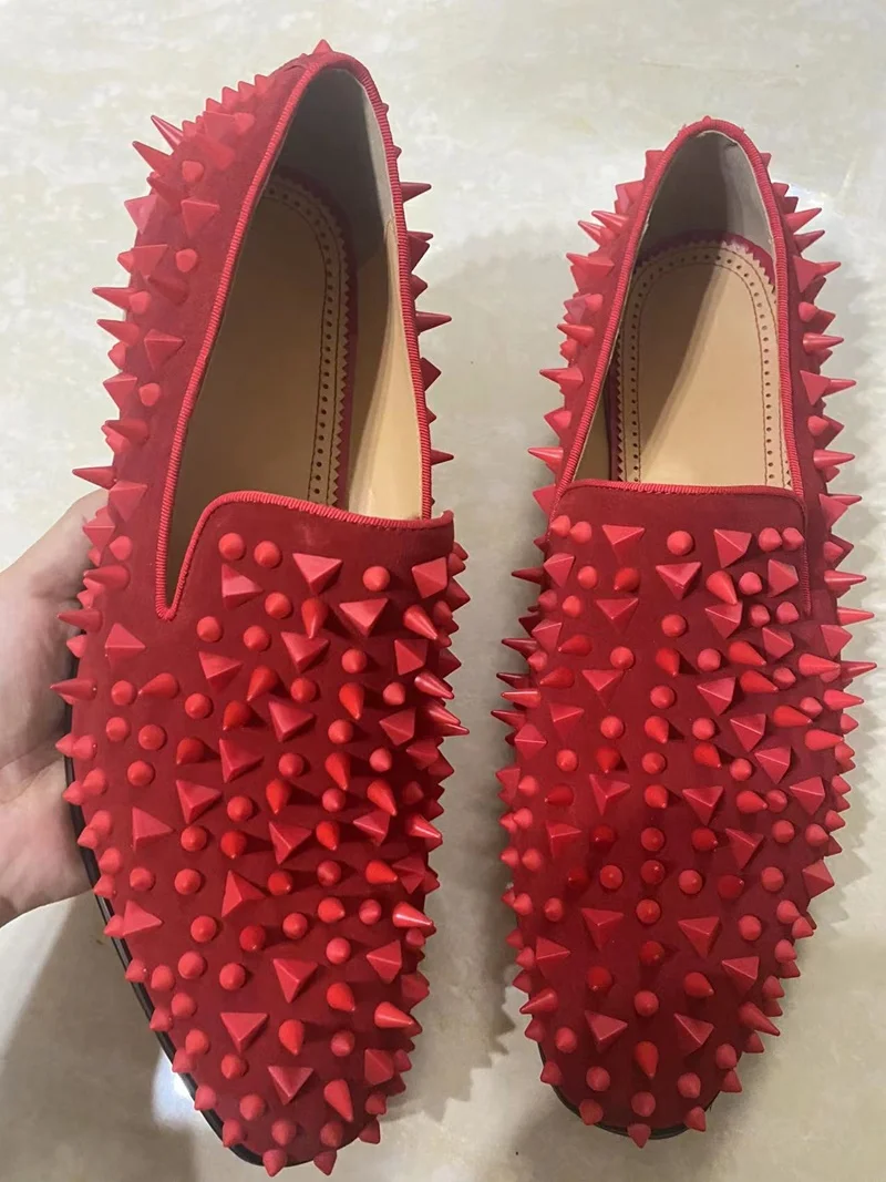 Luxury Red Suede Man Shoes High Quality Spiked Loafers Dress Shoes Men Slip On Party And Wedding Shoes