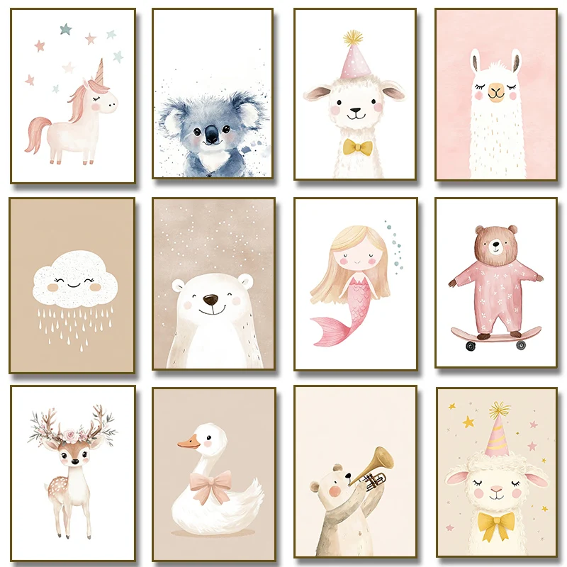2026 Cute Watercolor Unicorn Mermaid Llama Goose Deer Bear Poster Canvas Painting Print for Kids Room Nursery Home Decoration