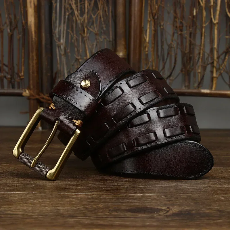 3.8CM Men High Quality Genuine Leather Belt Luxury Brass Pin Buckle Braid Belts Pure Cowskin Vintage Strap Male Jeans for Man