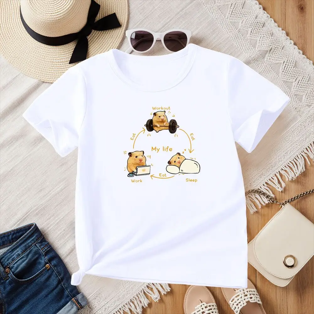 y2k Hamster Cycle Graphic T-Shirt Round Neck Workout Work Sleep Print Vintage Fashion Tops clothes with many korean reviews able