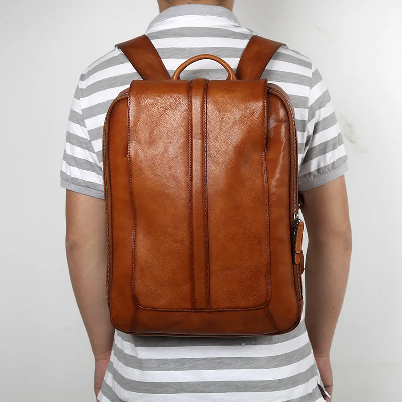 NZPJ Männer Leder Rucksack Natürliche Rindsleder Casual Computer Tasche Retro Hohe Kapazität Schule Tasche Trendy Männer Tasche Für 15,6 Zoll laptop – Detail 15