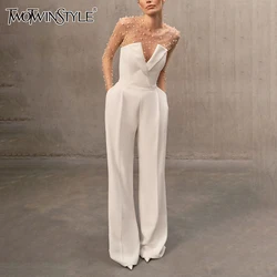 TWOTWINSTYLE Chic Two Piece Sets For Women O Neck Long Sleeve Jumpsuits Strapless High Waist Solid Jumpsuit Casual Set Female