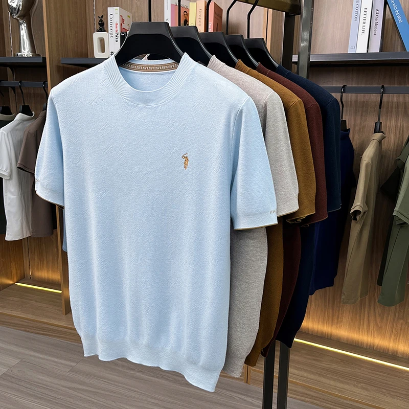 High-end Men's Crew Neck Knitted Sweater Casual Embroidered Trendy Base Shirt Short-sleeve T-shirt Solid Color Top for Summer