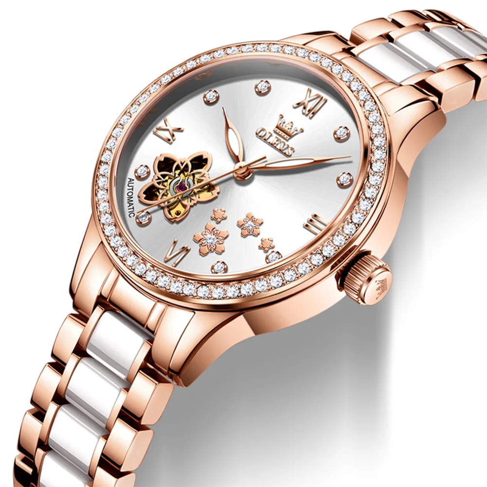 

Flower Hollow Dial OLEVS Ceramics Automatic Mechanical Watch For Women Top Brand Luxury Waterproof Ladies Watch Fashion