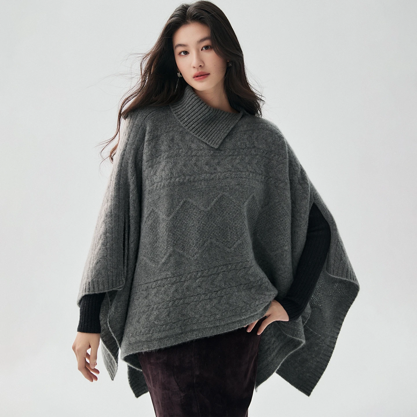 Women Turn Down Collar cable knit cape shawl 100% Goat Cashmere Shawl Spring Autumn Winter Soft Comfy Cashmere Large Shawls Top