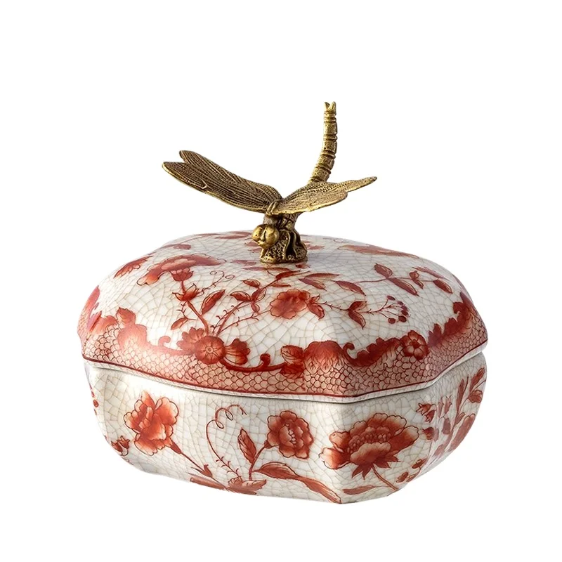 European Copper Ceramic Jewelry Storage Jar Dragonfly Flower Bird Bedroom Ornament