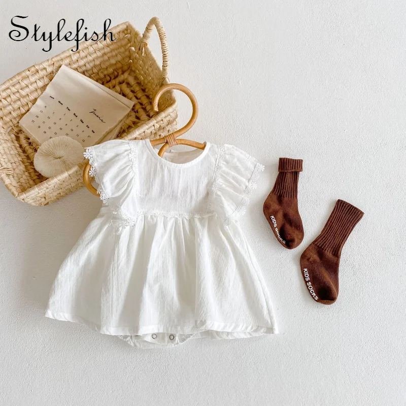 

ins 2022 summer rompers baby girl romper baby clothes cotton jumpsuit jacquard lace flying sleeve romper skirt