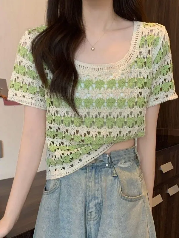 Hollow Striped Loose Knitted Fashionable Top with Small Fragrance Style Short Sleeves