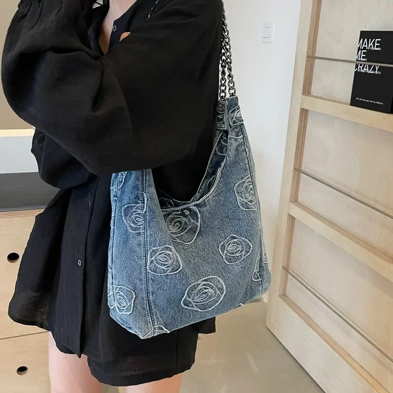 

2025 Rose Denim Drawstring Bag - Dopamine Chain Crossbody Bag Lazy Chic Shoulder Bag Women's Fashion Statement Tote