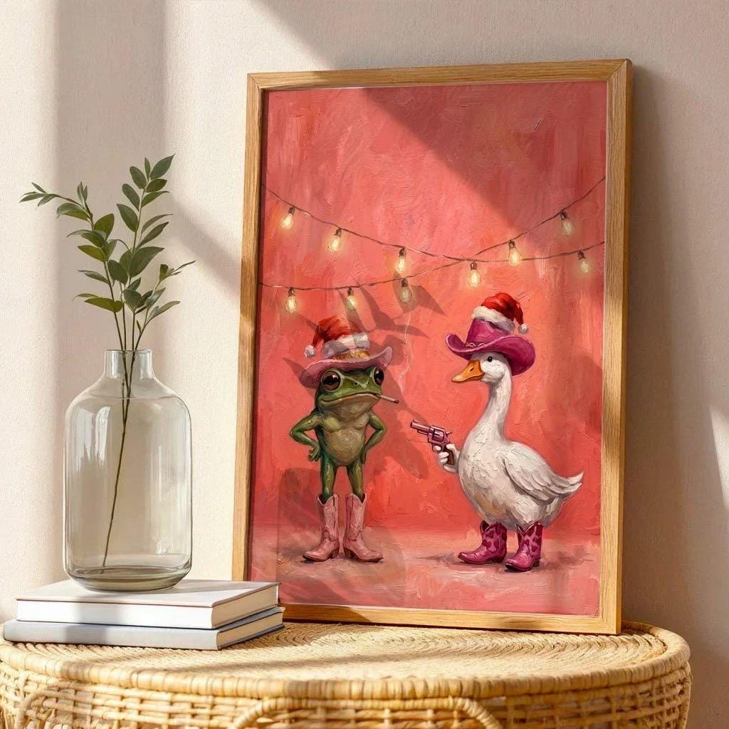 Multiple sizes 1pc frameless Canvas Painting,Funny Christmas Wall Art Poster Cowboy Frog Duck Canvas Print, Weird Western Holida