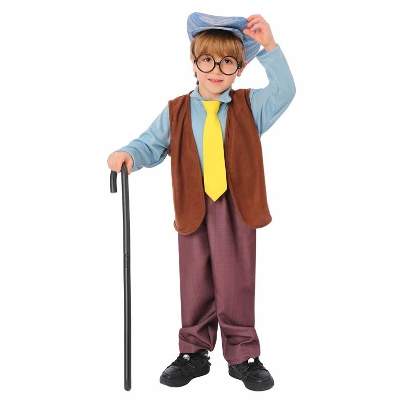 Old Man Costume for Kids Christmas Boys Grandpa Costumes Halloween Cosplay Costume Crutch Glasses Accessories Set