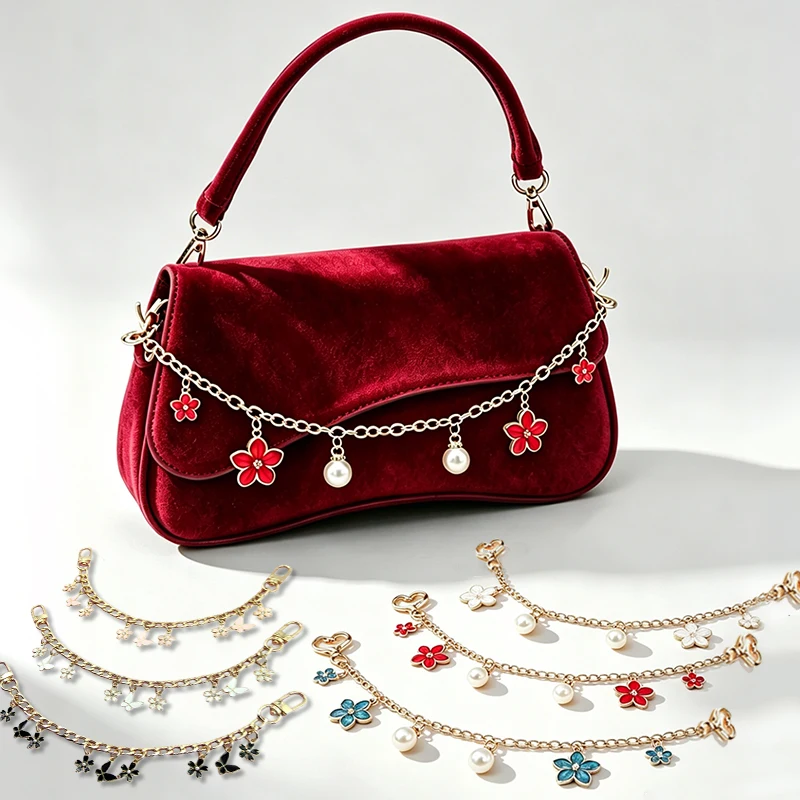 1PC Bag Flower Pearl Charm Extension Chain Mobile Phone Strap Metal Decoration Chain DIY Pendant Jewelry Accessories