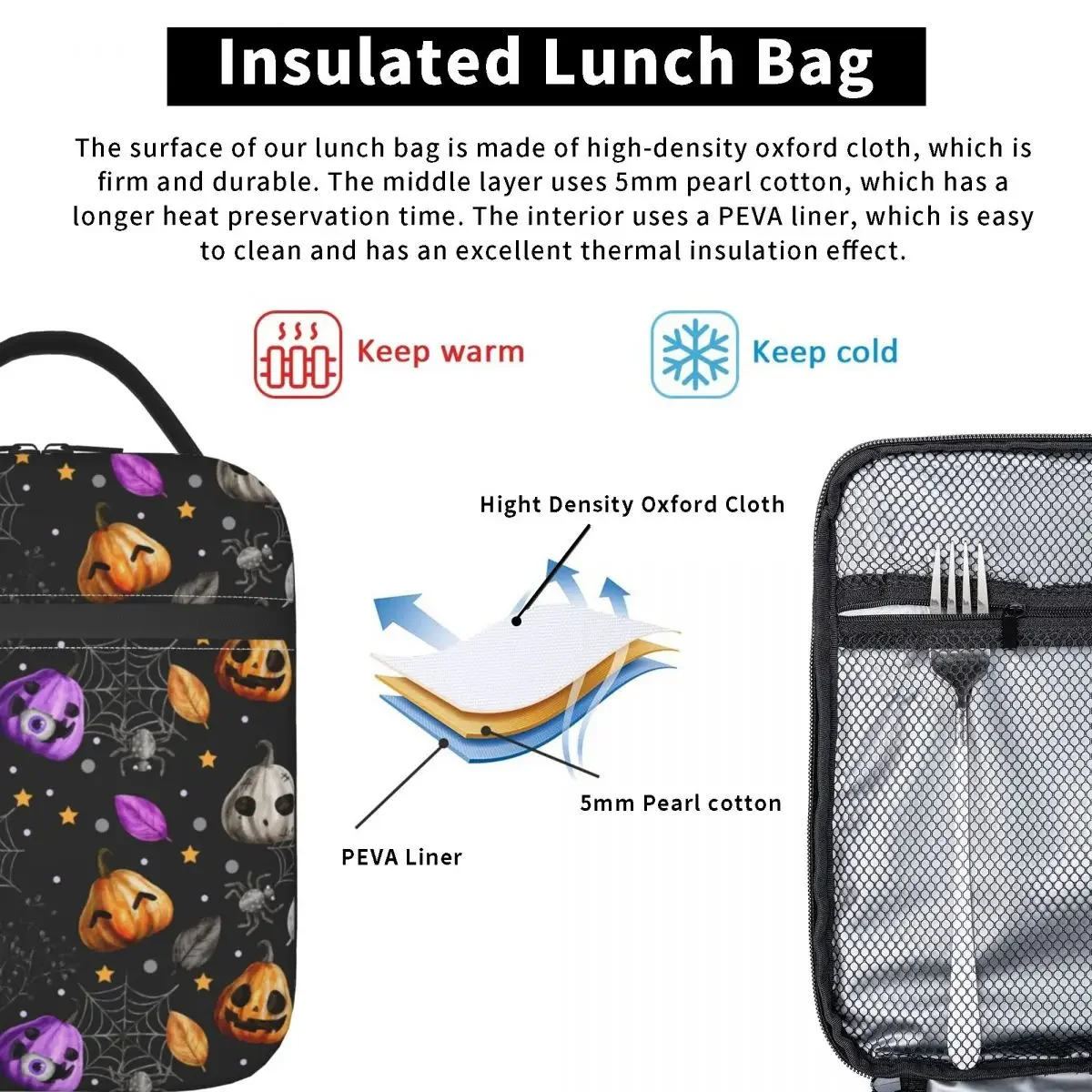 Halloween Pumpkin Bats Pattern Thermal Insulated Lunch Bag Women Portable Lunch Container for School Office Outdoor Food Box